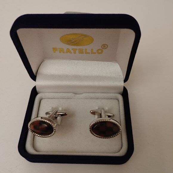 MEN'S FRATELLO BROWN STONE CUFFLINKS WITH SILVER TRIM. - Picture 2 of 2